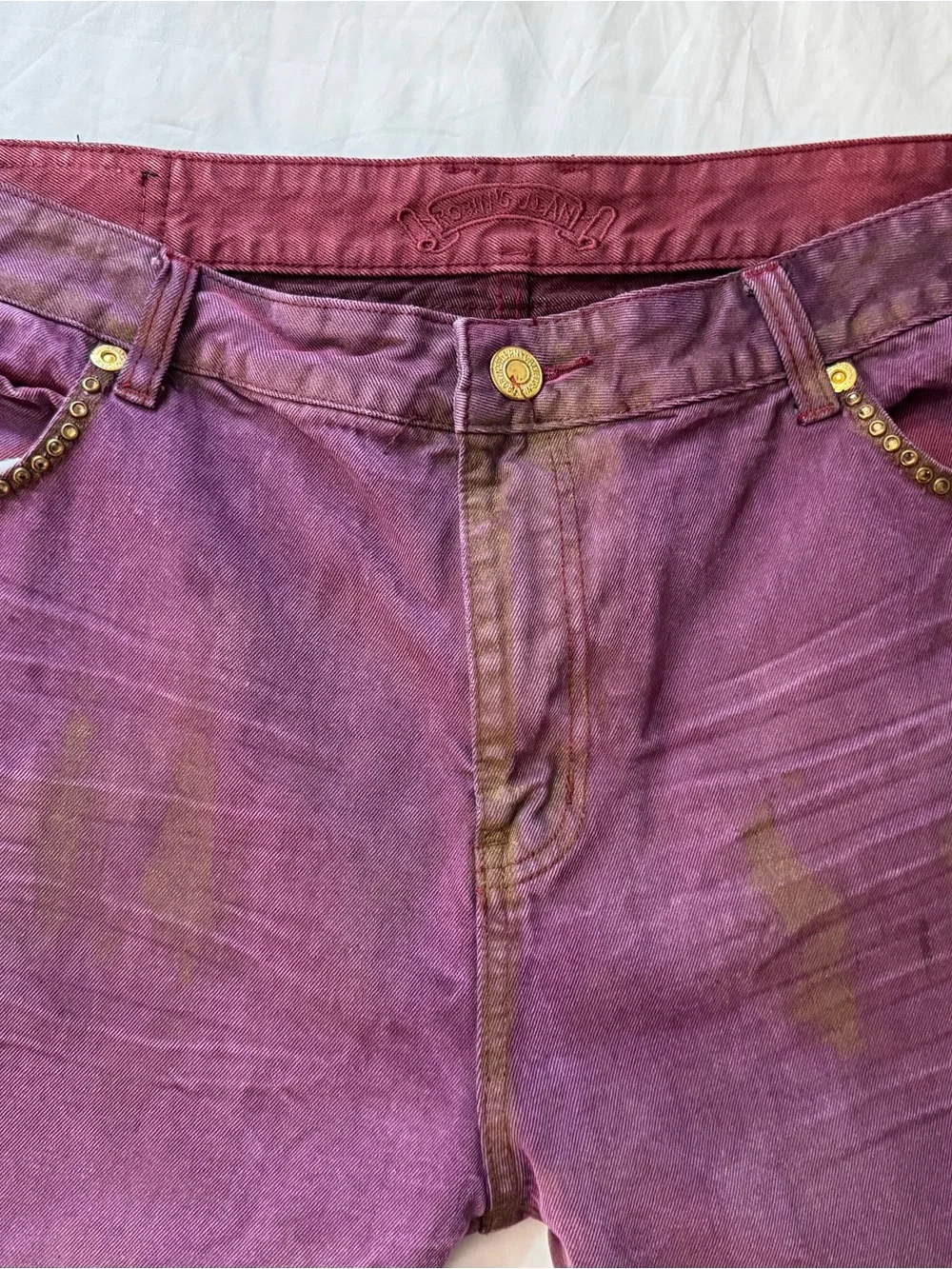 Robin's Jean Men's Burgundy Gold Acid Wash Tie Dye Straight Studded Jeans Sz 42